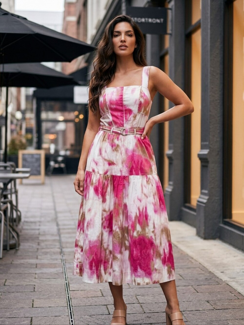 DKNY Pink White Tan Tie-Dye Cotton Midi Dress w/Belted Waist Women's Sz 12 NWT